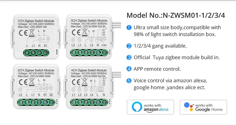 AVATTO DIY ZigBee 1/2/3/4 Gang Mini Tuya smart switch module,2 way control work with Alexa Google home