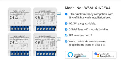 AVATTO 1/2/3/4 Gang 100-240V Tuya Wifi Wireless Smart Home Relay Switch Module Work with APP Alexa,Google Home Voice Control