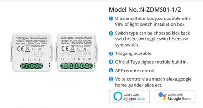 AVATTO Zigbee Dimmer Switch Module 1/2 Gang  Support 2 Way Control APP Control Alexa Voice Control