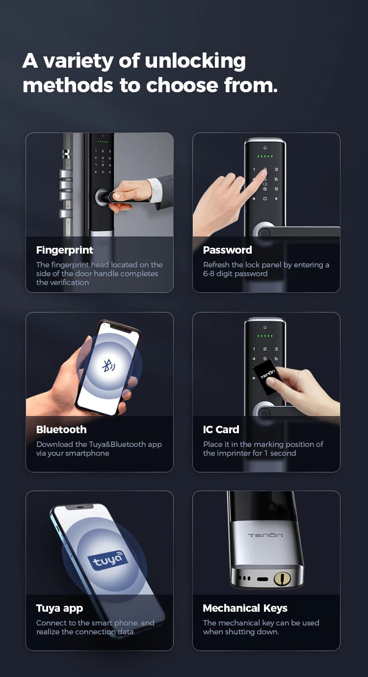 Tenon K6 Tuya Waterproof Electronic Smart Door Lock Digital Intelligent Card Biometric Fingerprint Door Handle Lock