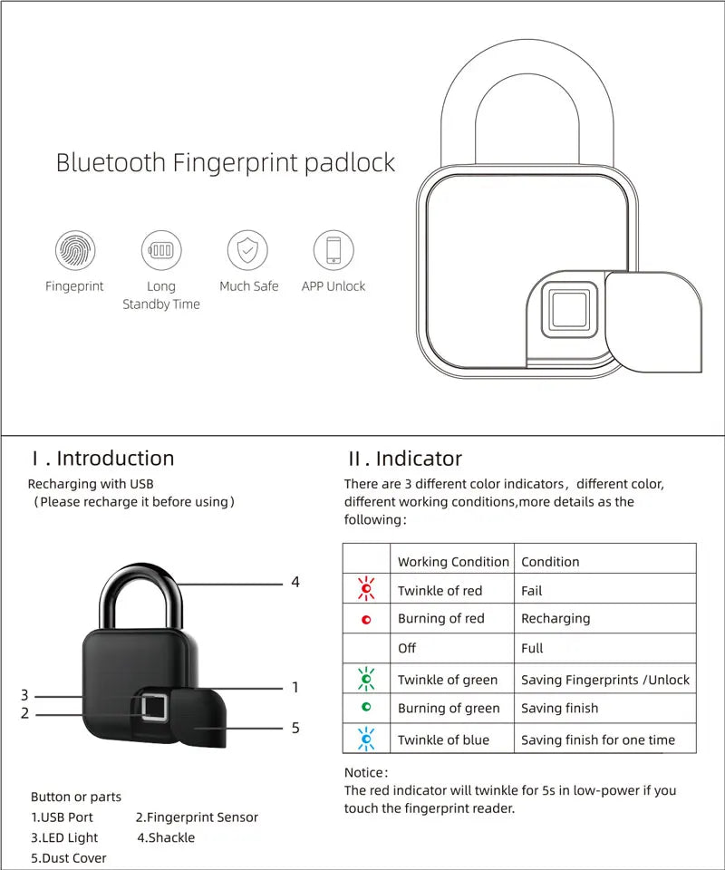 Smart Fingerprint Padlock IP65 Waterproof