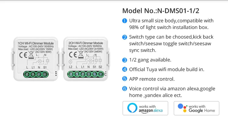 AVATTO 1/2 Gang Tuya Smart Home Wireless Wifi LED Light Wall Dimmer Switch Module 2 Way Control Work With APP Alexa,Google Home