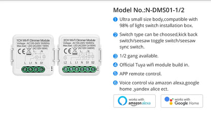 AVATTO 1/2 Gang Tuya Smart Home Wireless Wifi LED Light Wall Dimmer Switch Module 2 Way Control Work With APP Alexa,Google Home