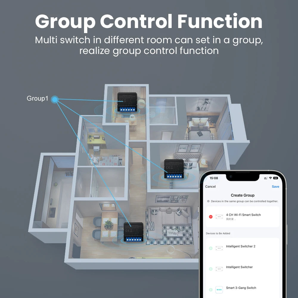 AVATTO 1/2/3/4 Gang 100-240V Tuya Wifi Wireless Smart Home Relay Switch Module Work with APP Alexa,Google Home Voice Control